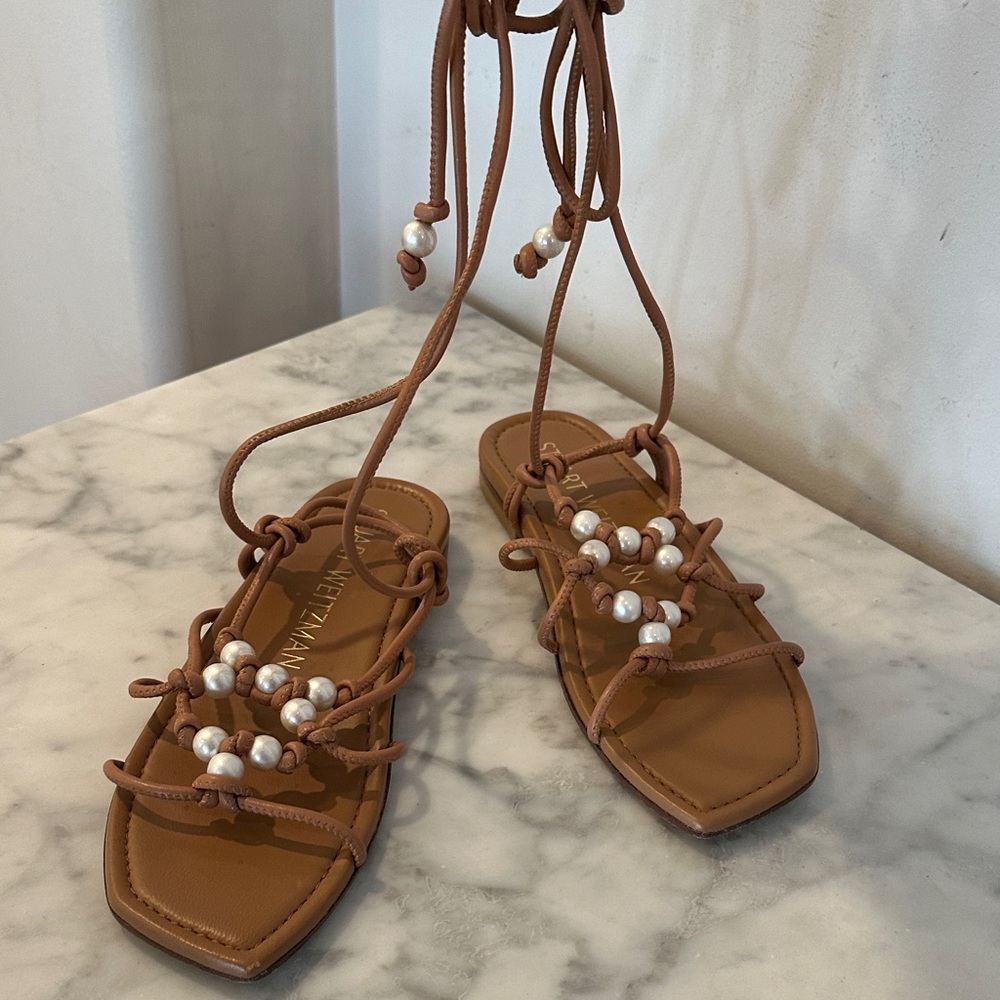 Stuart Weitzman Tan Sandals with Pearl Details